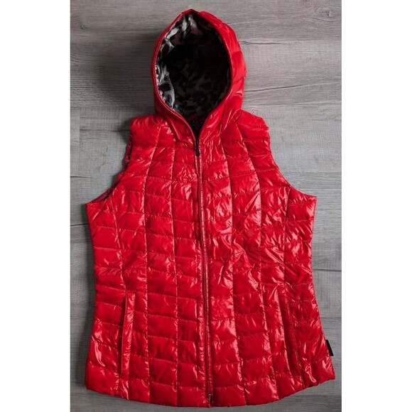 Obermeyer Women’s Hooded Down Vest Sz Large Red w/ Inside Leopard Print Quilted - Picture 1 of 14